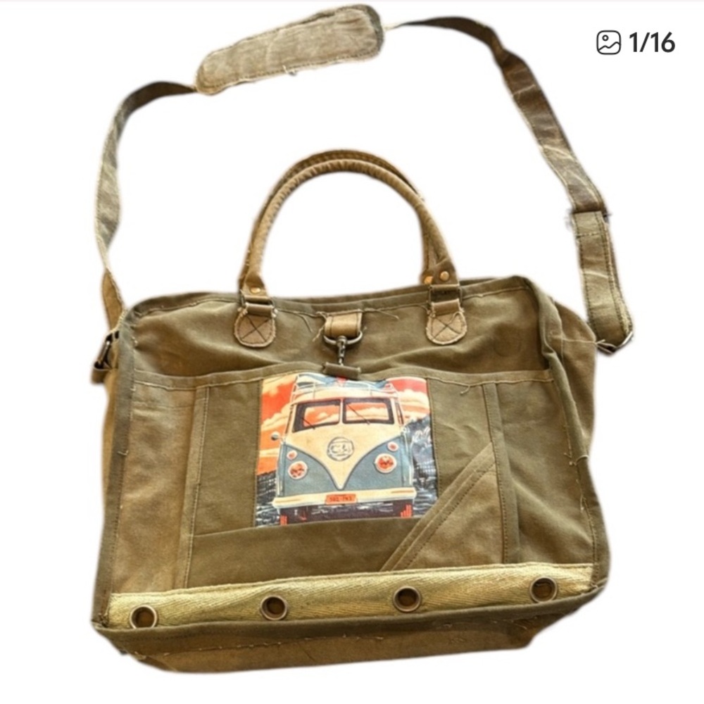 Vintage Addiction Recycled Military Tent Canvas Messenger Bag with Retro Print